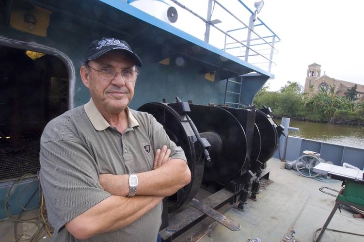 Russell Plaisance on board his new tug in 2008 (Photo: Alan Haig-Brown/Cummins)