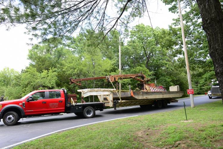 Salvage equipment that will be used to remove Stretch Duck 7 begins to arrive at the staging area at Table Rock Lake near Branson, Missouri, July 22, 2018. The Coast Guard will oversee salvage operations, tentatively scheduled to begin July 23, 2018. (U.S. Coast Guard photo by Lora Ratliff)