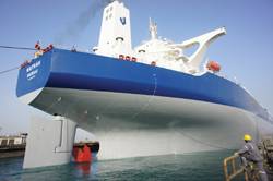 Saudi owned tanker Wafrah undocking from ASRY's 500,000dwt graving dock this Feb. She has the new colour scheme after NSCSA was re-branded as Bahri.