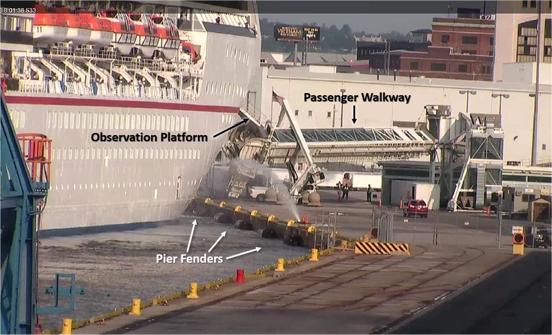 Screen shot from a CCTV monitor, provided to the NTSB by the U.S. Coast Guard, shows the allision of the Carnival Pride with the pier at Cruise Maryland Terminal, South Locust Point, Baltimore Harbor, Md., as the elevated passenger embarkation walkway falls and crushes three vehicles parked below on the pier (Photo: USCG / NTSB)