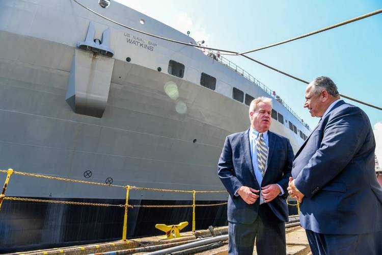 Secretary of the Navy Carlos Del Toro tours Bayonne Dry Dock (BDD) with BDD President Mike Cranston. It is SECNAV’s latest visit to naval bases, shipyards, depots, training ranges, tarmacs, and runways worldwide to witnessed firsthand the progress being made toward improving training, readiness, and modernization of the fleet and force. (U.S. Navy photo by Chief Mass Communication Specialist Shannon E. Renfroe)