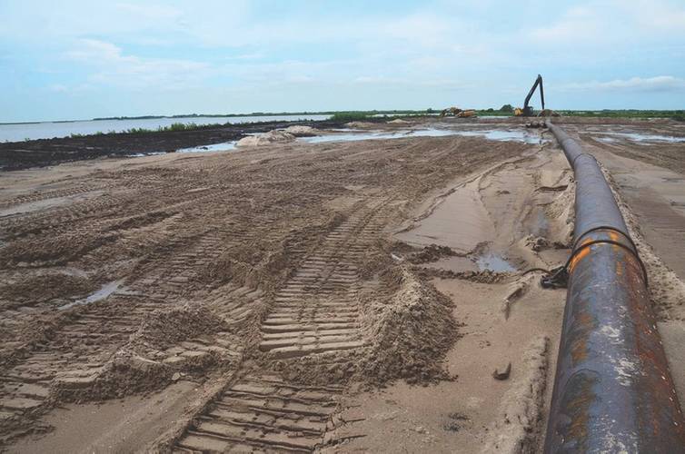 Sediment being delivered to create marsh near Bayou Dupont, just south of Belle Chasse and Jean Lafitte. All of these Louisiana marsh creation projects have been created with sediment dredged either from the river or from offshore. (Photo: LA Coastal Protection and Restoration Authority)