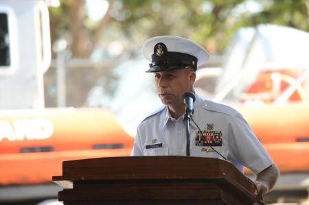 Senior Chief Petty Officer Ronald McCready, officer in charge of Coast Guard Station Tybee Island, Ga., speaks during a ceremony recognizing the arrival of a new Response Boat-Medium at the unit. (U.S. Coast Guard photo by Petty Officer 3rd Class Anthony L. Soto)