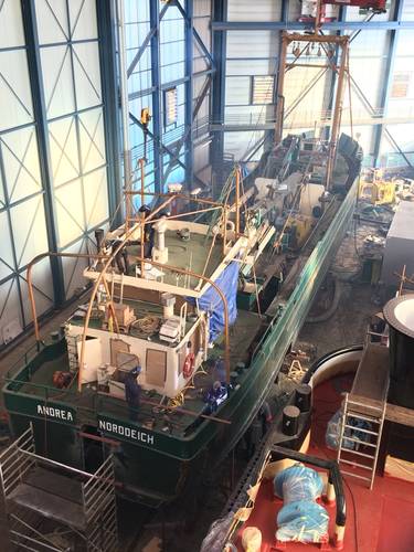 NOR 204 with cut Shell plating in the shipbuilding hall of Shipyard Kooiman (Photo: Kooiman)