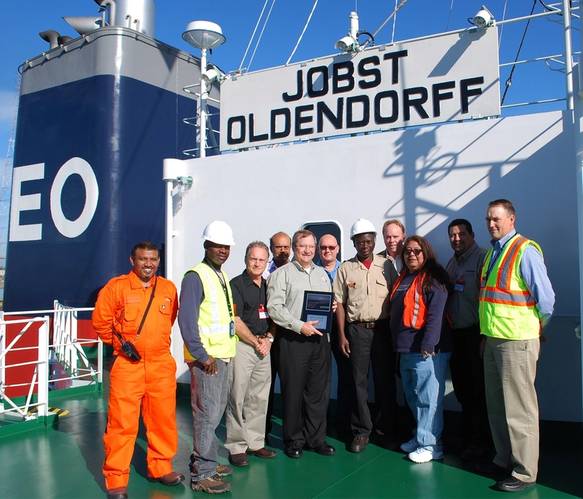 From left: Shihan Mohamed (vessel chief), Chief Officer Shawn Robinson (SGS), Ken McLaughlin (KMBT), Capt. Russell D’Souza (Oldendorff), Mike Schiller (POV), Chris Cummins (PNW Ship & Cargo), Captain Baisie (vessel captain), David Nagel (SGS), Sandra Avila (PNW Ship & Cargo), Noa Lidstone (KMBT), Steve Mickelson (POV)