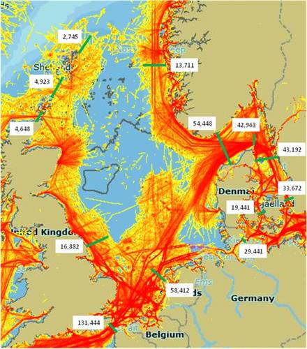 Shipping traffic density in the North Sea Region. The labels show the total number of ships passing each line from both directions during 2012.The yellow to red colour gradient shows the relative density of shipping in the NSR.  The empty area in the middle of the North Sea as well as in the German Bight, are areas without AIS coverage (it does not mean that there is no traffic).