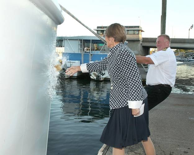 R/V Spirit of the Sound christened by her godmother Astrid Heidenreich on Friday, September 26, 2014. She is assisted by boat build project manager Robert Kunkel, Amtech. (Photo courtesy of the Maritime Aquarium at Norwalk)