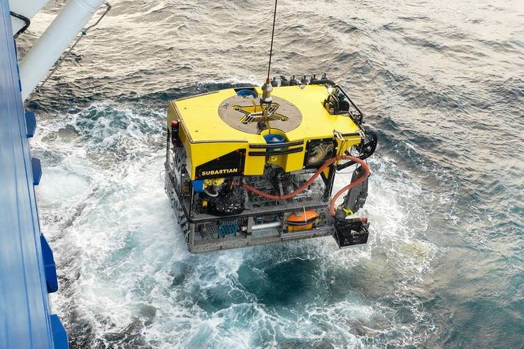 ROV SuBastian is recovered onto research vessel Falkor (too) off Argentina's coast above the Mar del Plata underwater canyon.Image courtesy Misha Vallejo Prut / Schmidt Ocean Institute