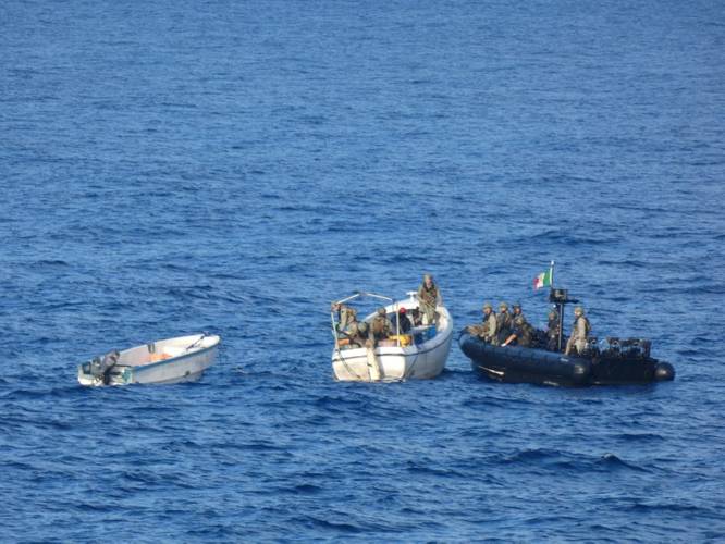 Six suspected pirates and their vessels were detained following reported attacks on a containership and a fishing vessel off Somalia (Photo: EU NAVFOR Somalia)