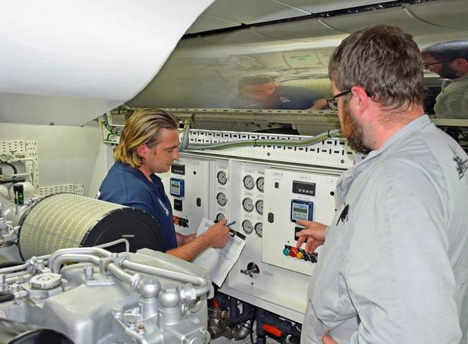 System Check - Manuel Canadas, an HEM engineer, carries out system checks on a superyacht (Photo: Solent Refit)