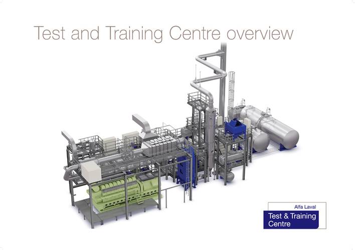 The 250 m2 testing area at the Alfa Laval Test & Training Center comprises an extensive range of equipment organized into integrated process lines.
