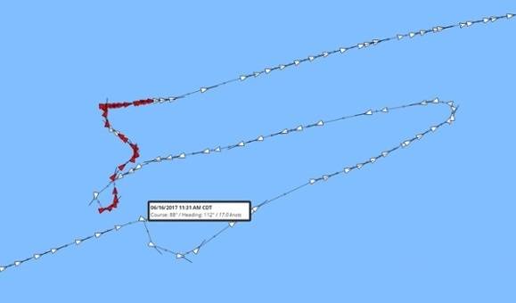 The ACX Crystal vessel track from PortVision 360. The red segments indicate where the vessel slowed to below 5 knots. (Image: PortVision)
