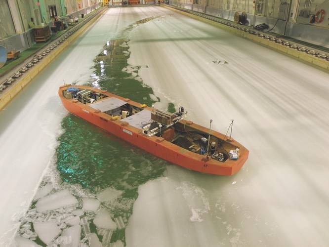 The CCGS John G. Diefenbaker model remotely-controlled by a former icebreaker captain while it was being tested in the ice tank. (Photo: National Research Council of Canada)