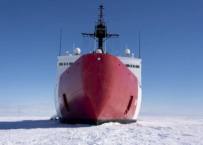 The Coast Guard Cutter Polar Star (WAGB-10) is in the fast Ice Jan. 2, 2020, approximately 20 miles north of McMurdo Station, Antarctica. The 399-foot icebreaker is the only ship in U.S. service capable of clearing a path through the Antarctic ice to escort three refuel and resupply ships to McMurdo Station during Operation Deep Freeze. The ships deliver enough cargo and fuel to sustain year-round operations on the remote continent. U.S. Coast Guard photograph by Senior Chief Petty Officer NyxoL