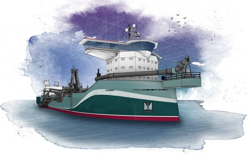 The first concept design released from the C-Job TSHD series is a 14,000 cu.-m. multifunctional dredger. The dredger is optimized for shallow water performance and features two (extendable) suction pipes, self-unloading systems, and eco-friendly features. (Photo courtesy C-Job Naval Architects)