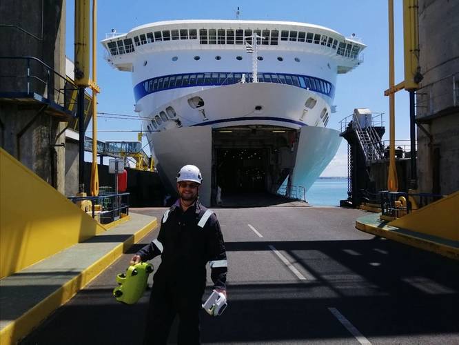The first full in-water ship's hull survey with a mini ROV on Brittany Ferries' ship Bretagne. Photo courtesy BV