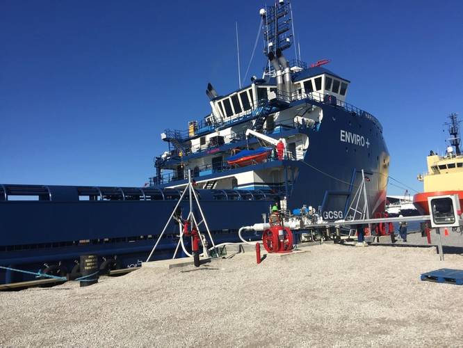 The first shore-to-ship LNG bunkering of the offshore supply vessel Harvey Energy by Harvey Gulf International Marine at the company’s dedicated shoreside facility at Port Fourchon, La. (CREDIT: © Harvey Gulf)