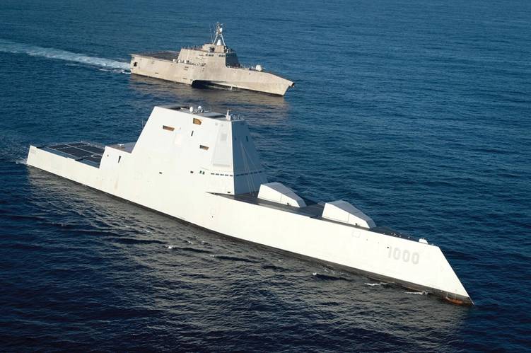 The guided-missile destroyer USS Zumwalt (DDG 1000), left, the Navy's most technologically advanced surface ship, is underway in formation with the littoral combat ship USS Independence (LCS 2).  Are these ships what naval warships will be like in the future?
(U.S. Navy photo by Petty Officer 1st Class Ace Rheaume)