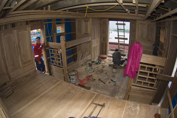 The hand-crafted, wood, interior, finishing is still underway. (Haig-Brown photos courtesy of Cummins Marine)