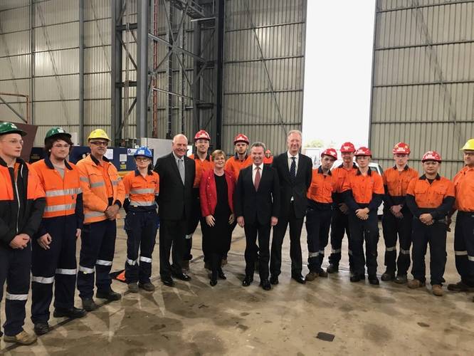 The Hon Christopher Pyne MP was introduced to some of the Pacific Patrol Boat Replacement Project production team, including a number of new apprentices that have recently joined Austal. (Image: Austal)