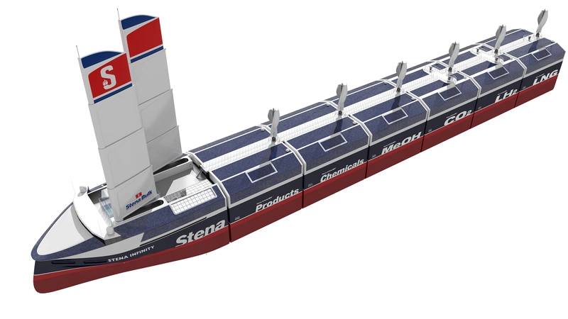 The InfinityMAX concept is Stena Bulk’s take on zero emissions, self-sufficient and flexible seaborne transportation. It aims to have a ship with a similar design to the InfinityMAX concept operating on the water by 2035 at the latest. Image courtesy Stena Bulk