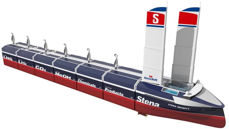 The InfinityMAX concept is Stena Bulk’s take on zero emissions, self-sufficient and flexible seaborne transportation. It aims to have a ship with a similar design to the InfinityMAX concept operating on the water by 2035 at the latest. Image courtesy Stena Bulk