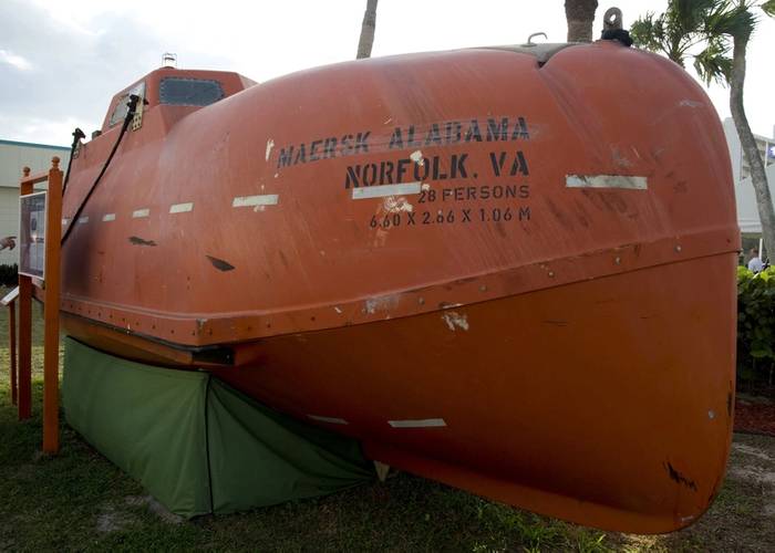 The life raft from the containership MV Maersk Alabama that Capt. Phillips was held captive in by Somali pirates is on permanent display at the National Navy UDT-SEAL Museum in Fort Pierce, Fla. (U.S. Navy photo by Joseph M. Clark)