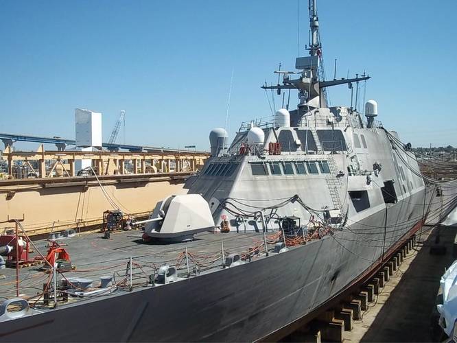 The littoral combat ship USS Freedom (LCS 1) undergoing maintenance while in dry dock at BAE Systems San Diego Ship Repair. (U.S. Navy photo by Josiah Poppler)