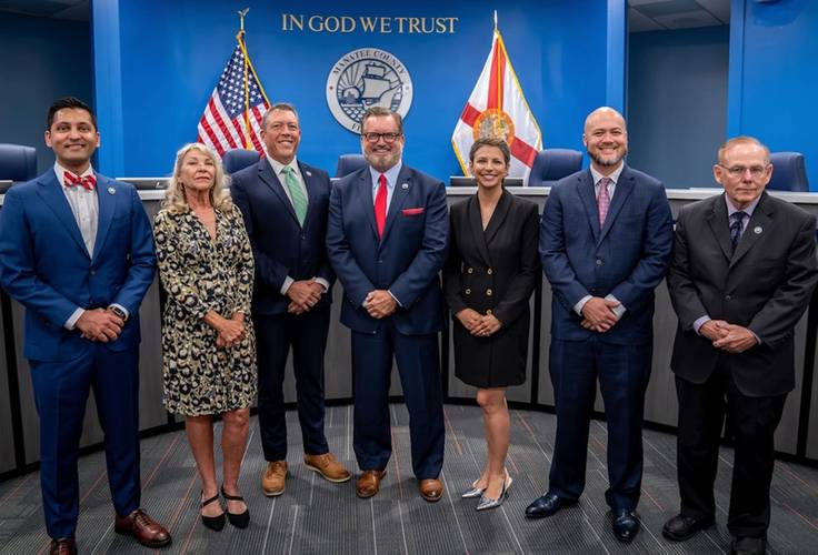 The Manatee County Port Authority board comprises, from left, Tal Siddique, third vice chairman; Carol Ann Felts; George Kruse; Mike Rahn, chairman; Amanda Ballard, second vice chairman; Jason Bearden; and Dr. Bob McCann, first vice chairman. (c) Seaport Manatee