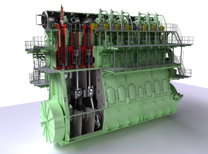 The ME-GI engine has won some 200 or so orders since its introduction to the market. Pictured here, the 9S90ME-GI type (Image courtesy MAN Energy Solutions)