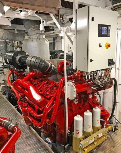 The port-side Cummins QSK38 in place with control panel (Photo: Mike Fourtner / Cummins)