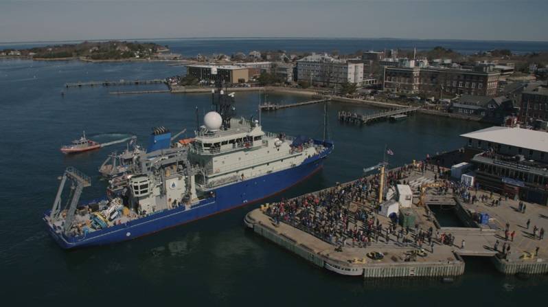 The research vessel Neil Armstrong was met by a jubilant crowd at the WHOI dock Wednesday, as it arrived to its homeport for the first time. (Photo by Daniel Cojanu, WHOI)