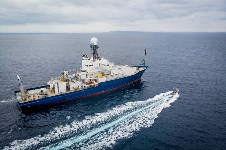 The R/V Roger Revelle pictured at sea for a 10-day commissioning and calibration cruise following its midlife refit. Photo Copyright: Scripps Institution of Oceanography