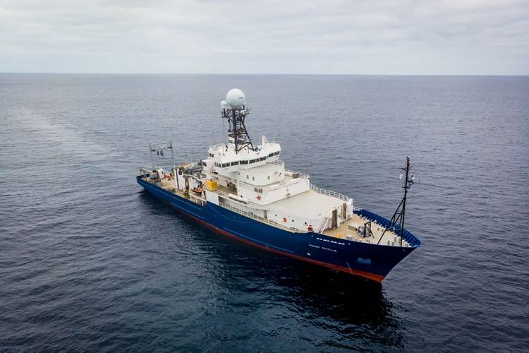 The R/V Roger Revelle pictured at sea for a 10-day commissioning and calibration cruise following its midlife refit. Photo Copyright: Scripps Institution of Oceanography
