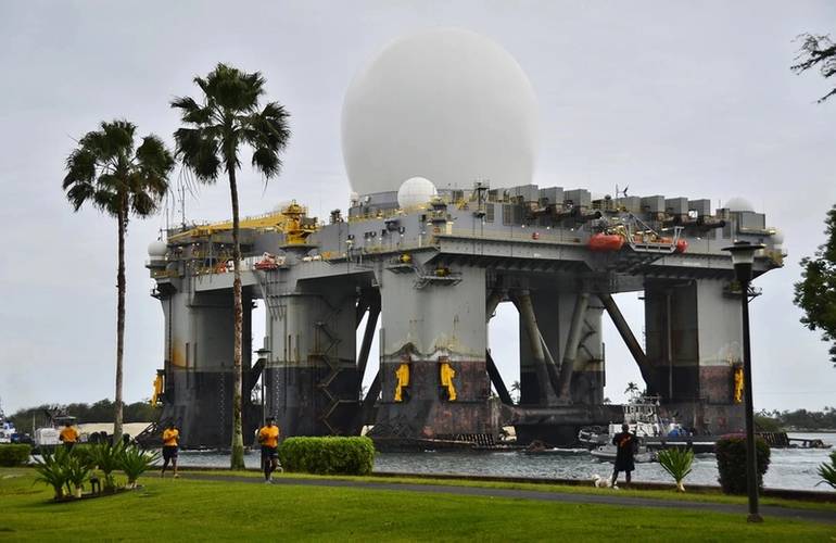 The Sea-based, X-band Radar (SBX 1) transits the waters of Joint Base Pearl Harbor-Hickam. The SBX is a combination of the world's largest phased-array X-band radar carried aboard a mobile, ocean-going semi-submersible oil platform. (U.S. Navy photo by Mass Communication Specialist 2nd Class Daniel Barker/Released)