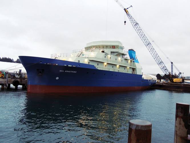 The ship as it was moved into the water at Dakota Creek Industries shipyard in Anacortes, Washington. (Photo courtesy of Gary McGrath, WHOI)