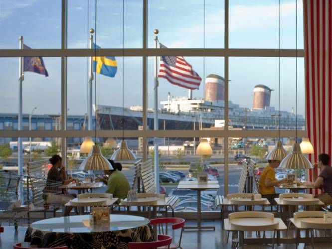 The SS United States seen from the upper windows of the South Philadelphia IKEA. (Credit: SS United States Conservancy)