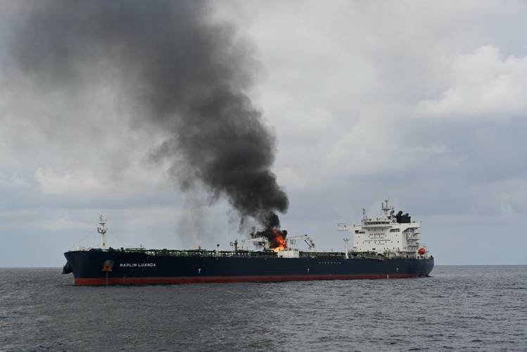 The tanker Marlin Luanda was struck by an anti-ship missile fired by Houthi forces on January 26, 2024. (Photo: Indian Navy)