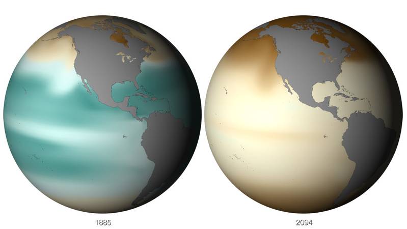 The two globes illustrate the changes in ocean acidification that are expected as the ocean continually absorbs carbon dioxide from the atmosphere. Green areas are sufficiently saturated with aragonite to support shell formation; areas colored yellowish-brown are under-saturated, and shell dissolution occurs. The climate model shows the change in ocean aragonite saturation from 1885 to what is expected in 2094. (Image: NOAA)