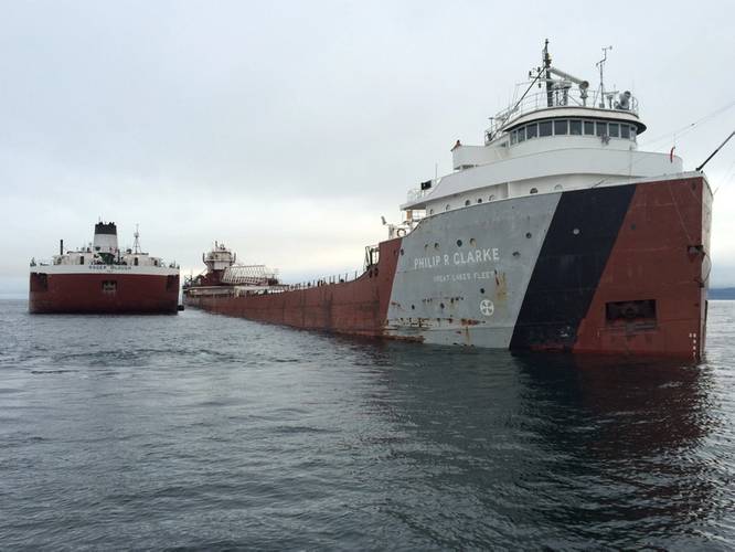 The U.S. Coast Guard continues to monitor and respond to the motor vessel Roger Blough June 7, 2016, after the vessel ran aground May 27 on Gros Cap Reef in Whitefish Bay in Lake Superior. Lightering operations transfered its cargo to the Philip R. Clarke and Arthur M. Anderson. (U.S. Coast Guard photo by Craig Groman)