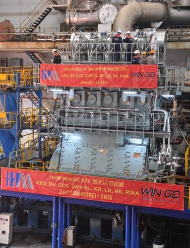 The WinGD 5-X52 diesel undergoing its FAT and TAT at the works of Hudong Heavy Machinery in Shanghai. (Photo: WinGD)