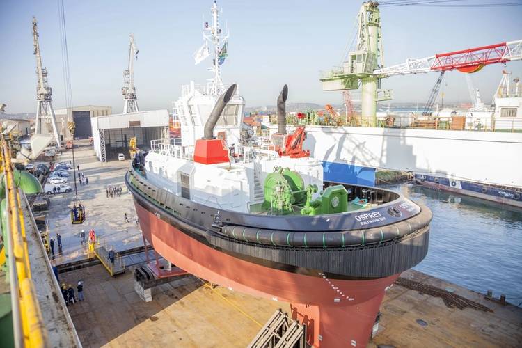 TNPA’s new tug, OSPREY, was launched and named at the Southern African Shipyards premises in Durban, South Africa.  (Photo: TNPA)