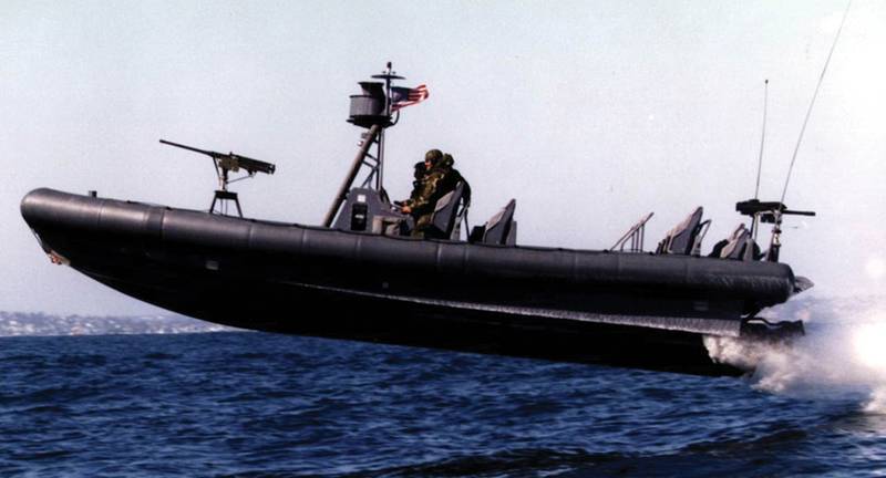 (U.S. Navy photo) Naval Special Warfare (NSW) 11-meter Rigid-Hull Inflatable Boat (RIB) during a training exercise conducted by Naval Amphibious Base (NAB) Coronado, San Diego. The airborne launch shown here is not uncommon for such craft.  Landings are characterized by high-acceleration impacts that may be damaging to structure, mechanical and electrical systems, and people. 