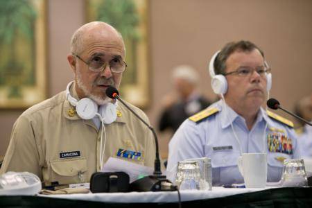 Vice Adm. Fernando Castañón Zamacona, commander of the Mexican Navy's Zone 1, and Rear Adm. Cook, the U.S. Coast Guard's 8th District commander, discuss updates to the MEXUSGULF plan. (USCG photo by Andrew Kendrick)