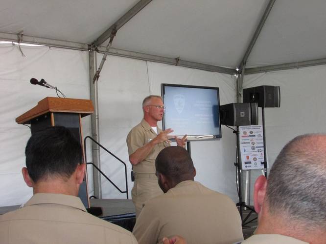 Vice Adm. Tom Rowden, commander of Naval Surface Forces, discusses the concept of distributed lethality at the Surface Navy Association’s West Coast Symposium in San Diego. (E.H. Lundquist photo)