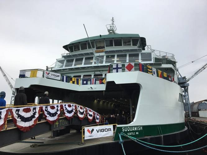 Washington State’s new ferry Squamish was christened at Vigor's Harbor Island Shipyard in Seattle, on January 4. (Photo: WSDOT)