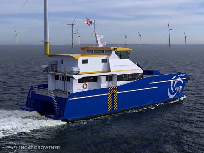WINDEA CTV has commenced construction of three Incat Crowther designed CTVs, including two at St. Johns Ship Building in Palatka, Fla. and another at Gulf Craft in Franklin, La. The CTVs are scheduled to be delivered in 2023 and will go immediately into service for GE Renewables. The vessels will first operate out of New Bedford, Mass., during the Vineyard Wind I construction period. (Image: WINDEA CTV)