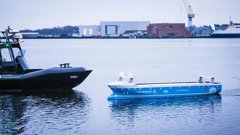 The ODIN USV and a working scale model of the YARA Birkeland all-electric, autonomous container vessel were on the water for yesterday’s opening event (Photo: Kongsberg)