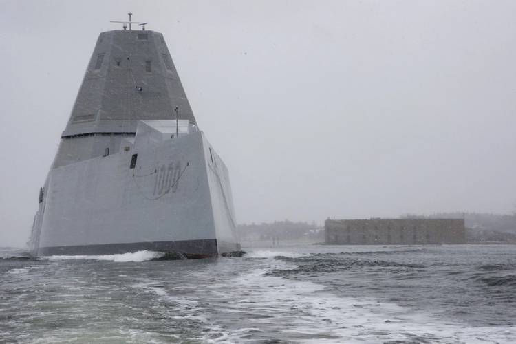 USS Zumwalt departs the Bath Iron Works shipyard for its second at-sea period to conduct builder's trials, during which many of the ship's key systems and technologies were demonstrated. (U.S. Navy photo)